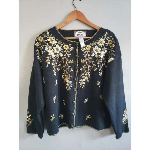 Heirloom Collectibles Sweaters - Vtg Tiara International Sweater Womens Large Black Sequins Embroidery Floral NWT